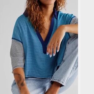 Free People (XL) blue marine stripe boxy crop On A Boat Polo Top collard v-neck